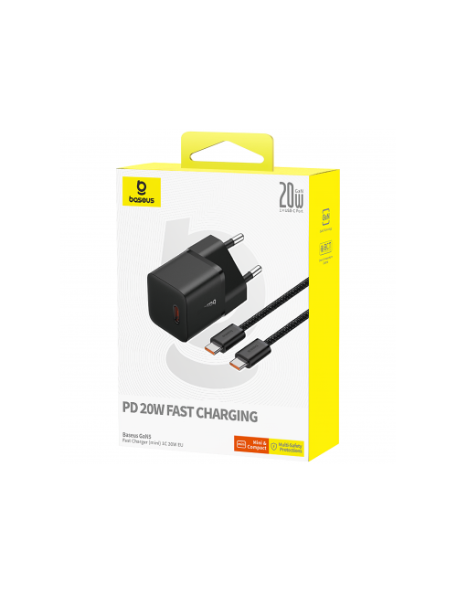 Baseus GaN5 20W Wall Charger , 3A, 1 x USB-C, with USB-C Cable, Black (P10110900113-00)