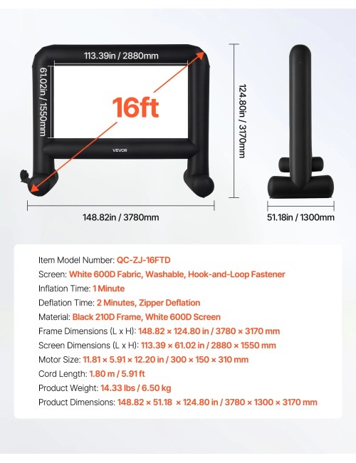 Φουσκωτή Οθόνη Κινηματογράφου VEVOR QC-ZJ-16FTD 16:9 (113" x 61") με Τσάντα Μεταφοράς