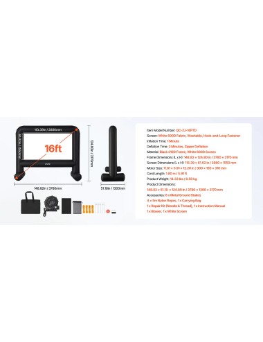 Φουσκωτή Οθόνη Κινηματογράφου VEVOR QC-ZJ-16FTD 16:9 (113" x 61") με Τσάντα Μεταφοράς | Αξεσουάρ Projectors