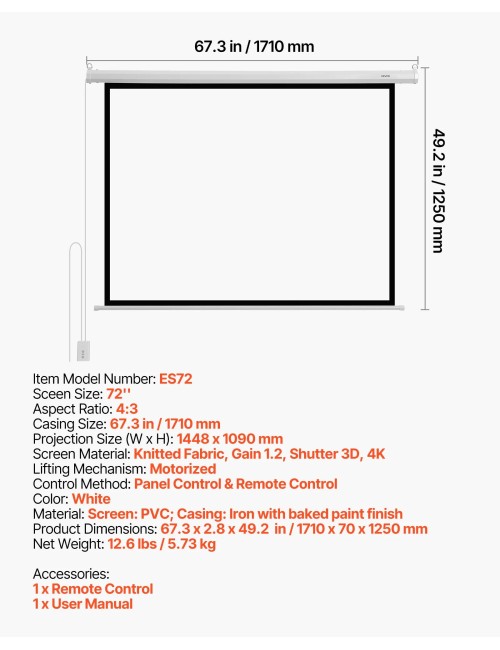 VEVOR ES72 Ηλεκτρική Οθόνη Προβολέα 72" 4:3 με Τηλεχειριστήριο