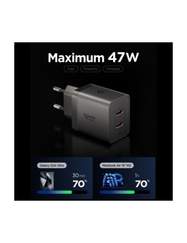 Spigen EE472EU Essential Wall Charger , 47W, 3A, 2 x USB-C, Natural Titanium ACH10451 | Φορτιστές Σπιτιού