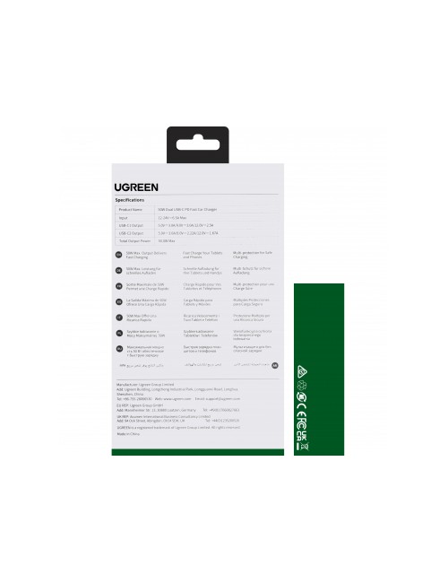 Ugreen CD213 Car Charger 36W, 3A, 2 x USB-C, Grey